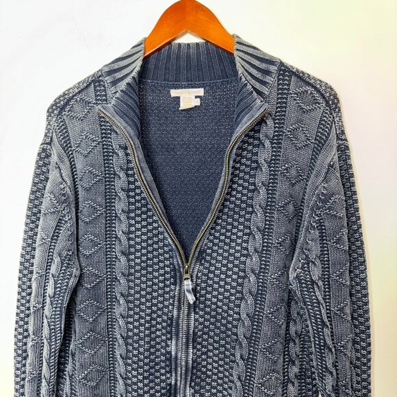 Carbon 2 Cobalt Sweater Size L Stavenger Blue Full Zip Cable Knit Linen Cotton - Picture 6 of 13